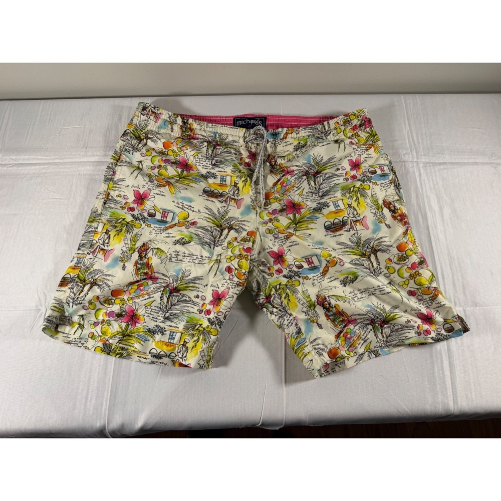 VTG Michael's Swim Trunks Men's SZ M Tropical Island Map Print Made in Morocco